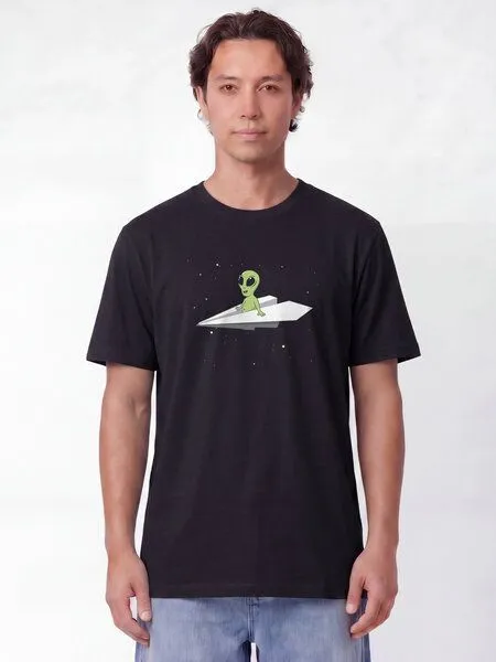 watapparel watapparel T-Shirt Unisex Alien on a paper plane, Black, – Produktbild 2 von 2