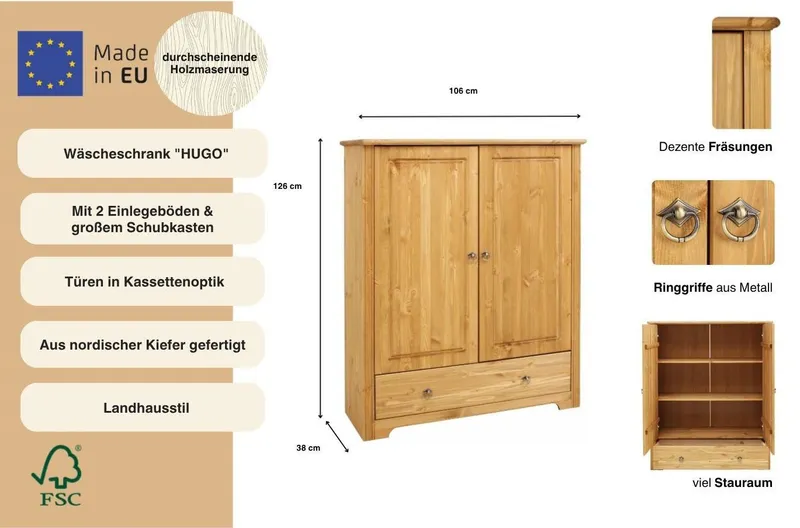 OTTO home Wäscheschrank Hugo, Mehrzweckschrank, FSC zertifiziert, Made in EU (B/T/H) 106/38/126 cm) aus massiver Kiefer, klassischer Landhausstil mit Kassettenoptik, Beige, – Produktbild 4 von 5