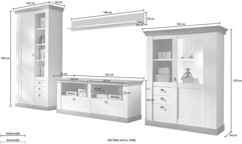 Home affaire Wohnwand Cremona, Anbauwand im Landhausstil, Komplettset, Wohnzimmer-Set, enthält Vitrine, Lowboard, Stauraumelement und Wandboard, 376 cm breit, Weiß, – Produktbild 4 von 5