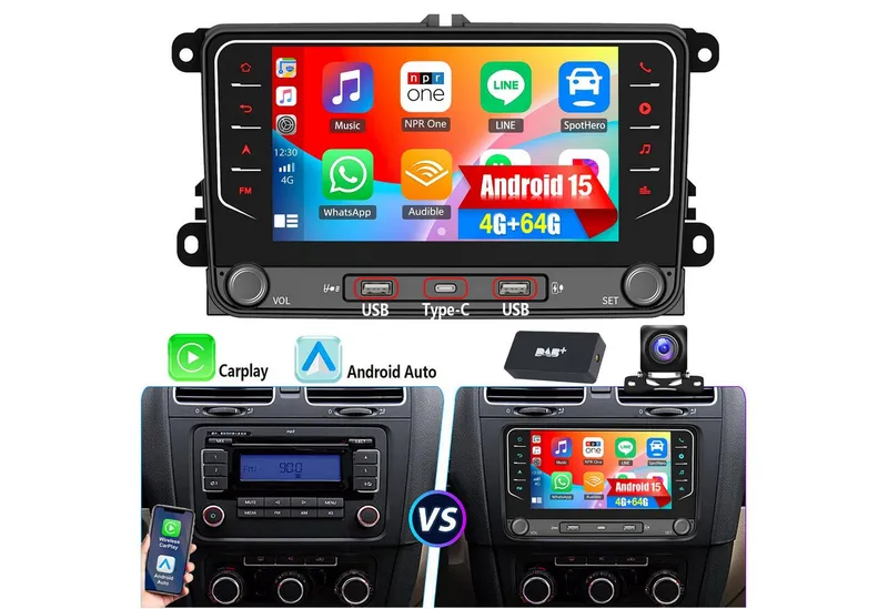 ESSGOO DAB+ Android 15 Für VW GOLF 5 6 Touran EOS Tiguan Polo 6R Passat Caddy Navigationsgerät (Carplay Android Auto DAB (optional), RDS, FM, 4+64GB, SWC, GPS NAVI), Schwarz, – Produktbild 1 von 8