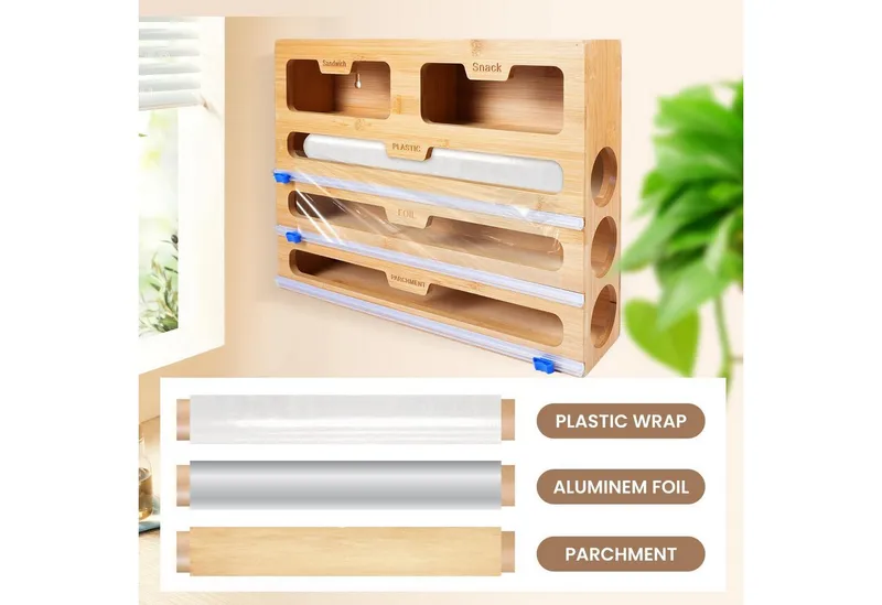 Youyijia Folienspender 5-in-1 Bambus Folienspender 5 Steckplätze für Schublade&Arbeitsplatte, Gelb, – Produktbild 4 von 5