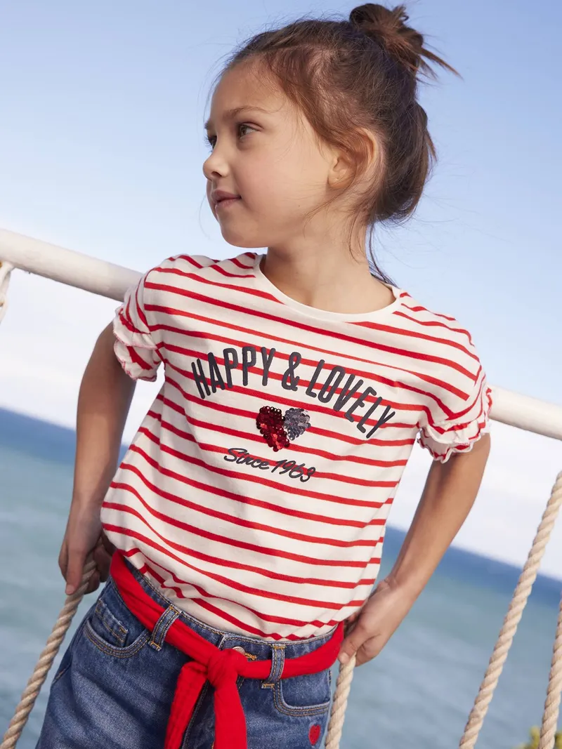 Vertbaudet Mädchen T-Shirt mit Pailletten-Applikation, Rot gestreift/happy&lovely her, – Produktbild 1 von 4