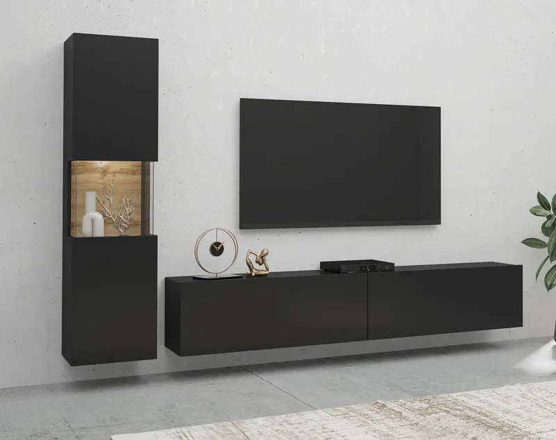 Home affaire Wohnwand Ava, Wohnzimmer-Set hängend/stehend montierbar, Vitrine, Lowboard, 2-tlg., Schwarz, – Produktbild 1 von 3