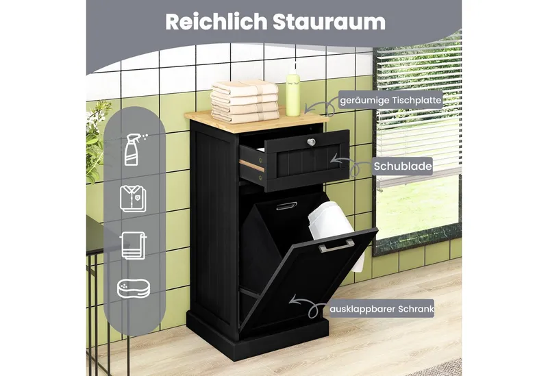 COSTWAY COSTWAY Wäscheschrank mit Wäschekorb & Stauraum, Badezimmerschrank, Schwarz, – Produktbild 4 von 5