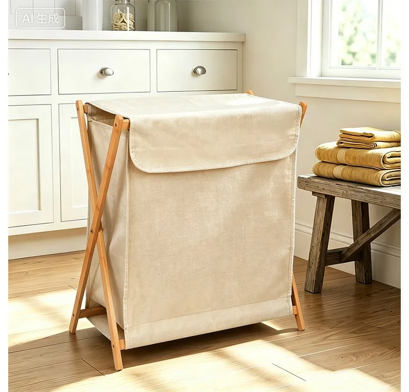 JEOBEST Wäschekorb Wäschekorb aus Bambus, Wäscheschrank, Klappbarer Wäschesortierer, (1 St) mit Wäschesammler, X-förmige Wäschebox, Beige, – Produktbild 3 von 5