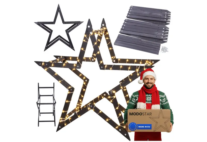 Modo24 Dekostern DIY MODOSTAR Weihnachtsstern Set aus FSC Holz 2D und 3D in 3 Breiten, zum Garten & Terrasse, wetterfest, faltbar & stabil, Weihnachtsdeko, Schwarz, – Produktbild 2 von 6