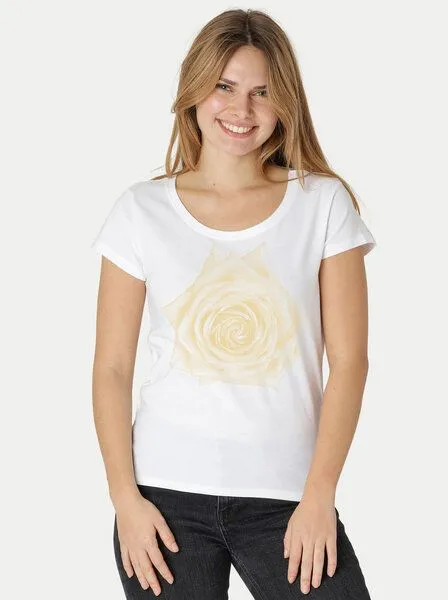 Peaces.bio - handbedruckte Biomode Peaces.bio - handbedruckte Biomode Bio-Damen-Loosefit-T-Shirt Rose, Weiss, – Produktbild 1 von 2