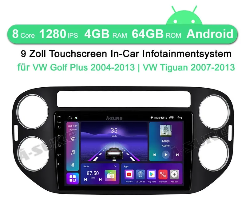 A-Sure 8-Core Android 15 Carplay Navi 4+64GB Für VW Tiguan 5N GOLF Plus Autoradio (RDS, DSP, Digitalradio (DAB), 8 Core, FM, AM, 1280*720) – Produktbild 2 von 5
