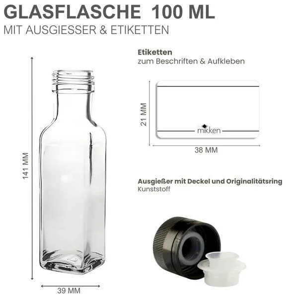 mikken mikken 6er Set Ölflaschen 100 ml - 500 ml mit Ausgießer transparente Glasflasche mit Dosierer Dosierflasche inkl. 6 Etiketten – Produktbild 3 von 3