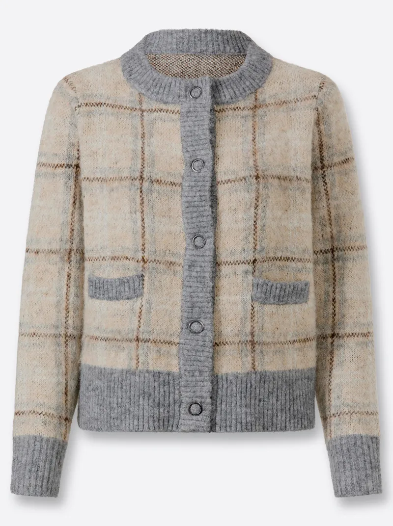 heine Jacquardstrickjacke beige-grau-kariert, Beige-grau-kariert, – Produktbild 1 von 2