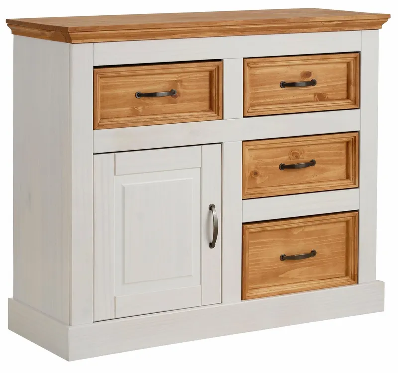 OTTO home Sideboard Selma Kommode mit 1 Tür, 3 Schubläden und 2 Fächer, Metallgriffe, aus massivem Kiefernholz, natürlichen Maserung, Breite/Höhe 100/87 cm, Weiß, – Produktbild 1 von 5