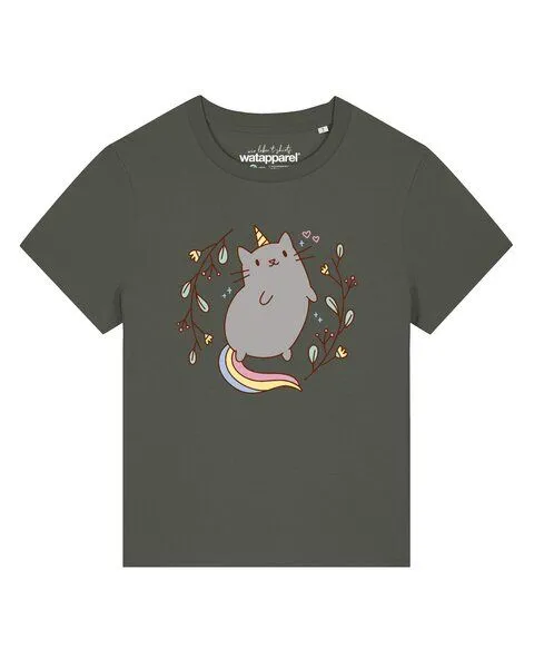 watapparel watapparel T-Shirt Frauen Unicorn Cat, Khaki, – Produktbild 1 von 2