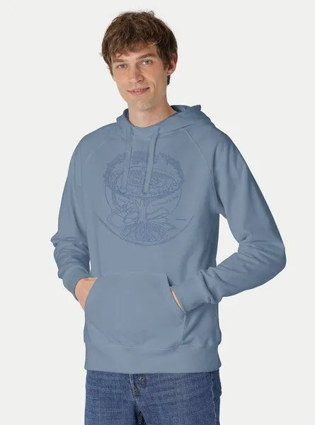 Peaces.bio - handbedruckte Biomode Peaces.bio - handbedruckte Biomode Bio-Herren-Kapuzensweater "Weltenesche", Balugrau, – Produktbild 1 von 2