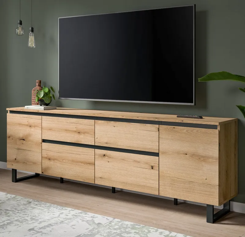 Inn.Furn Lowboard Gelia (TV Unterschrank in Evoke Eiche mit schwarz, Breite 188 cm, Komforthöhe), mit Vollauszug und Soft-Close-Funktion, Beige, – Produktbild 1 von 5