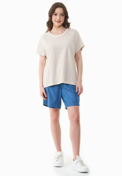 ORGANICATION ORGANICATION Gestreiftes T-Shirt aus Bio-Baumwolle und Leinen, Off white/tan, – Produktbild 2 von 4