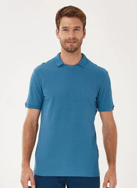 ORGANICATION ORGANICATION Poloshirt aus Bio-Baumwolle mit V-Ausschnitt, Ocean, – Produktbild 1 von 4