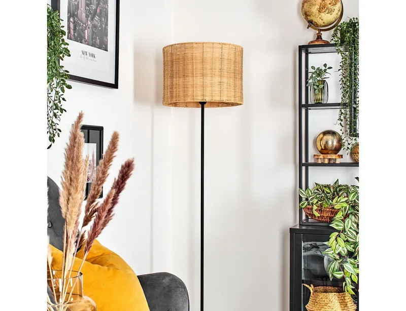 hofstein Stehlampe Stehlampe aus Metall/Bambus in Schwarz/Natur, ohne Leuchtmittel, mit rundem Schirm (40 cm) u. Fußschalter, 1 x E27, ohne Leuchtmittel, Beige, – Produktbild 3 von 5