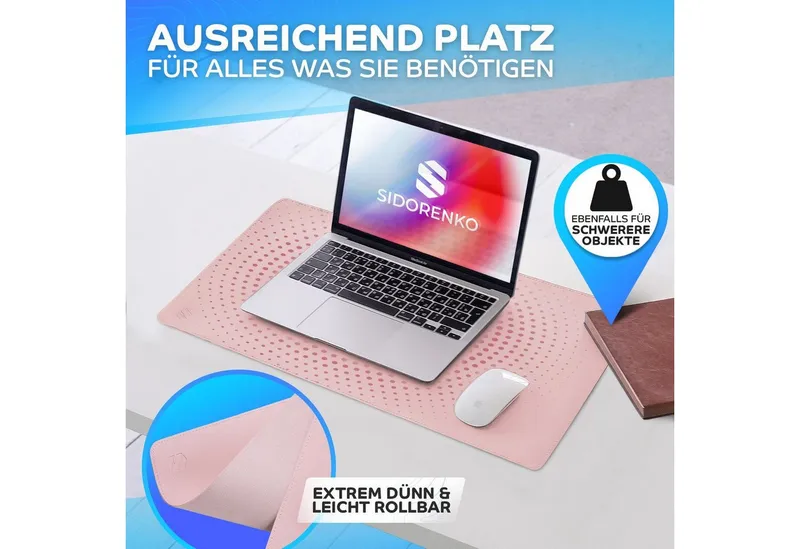 MAXLVL Gaming Mauspad Schreibtischunterlage - Mauspad mit Vernähte Kanten - abwaschbar (60x35 cm, Schreibtisch Unterlage für Büro), Tischunterlage Schreibtisch aus PU-Leder, Rosa, – Produktbild 2 von 5