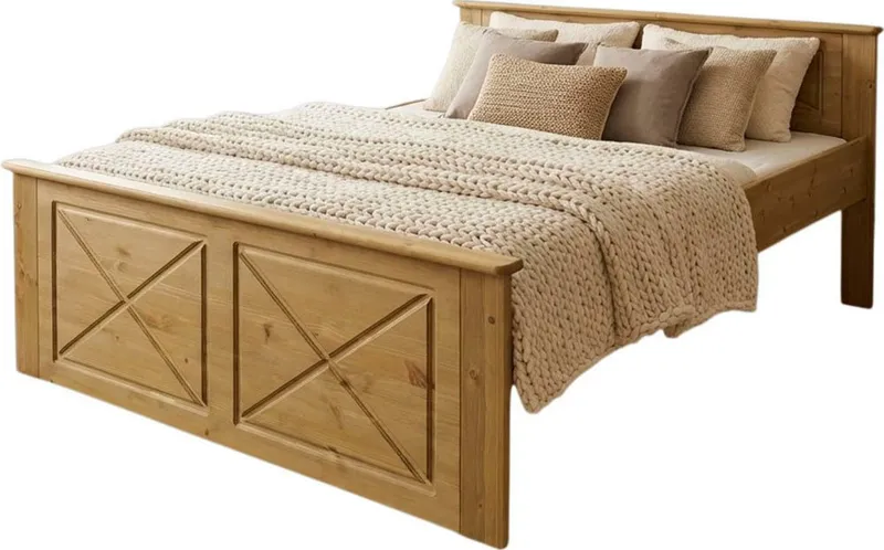 OTTO home Massivholzbett Hugo, FSC® zertifiziertes Massivholz, optionaler Stauraum/ Bettkästen (B/T/H: 153/208/84 cm, Liegefläche 140x200), aus massiver Kiefer, Landhaustil mit edlen Verzierungen, Made in EU, Beige, – Produktbild 5 von 5