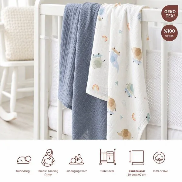 Bebekevi Bebekevi Spucktuch - Multitücher - Decke Müsselin 80 × 90 cm - 2er set - 100 % Baumwolle, Indigo-elefant, – Produktbild 3 von 4