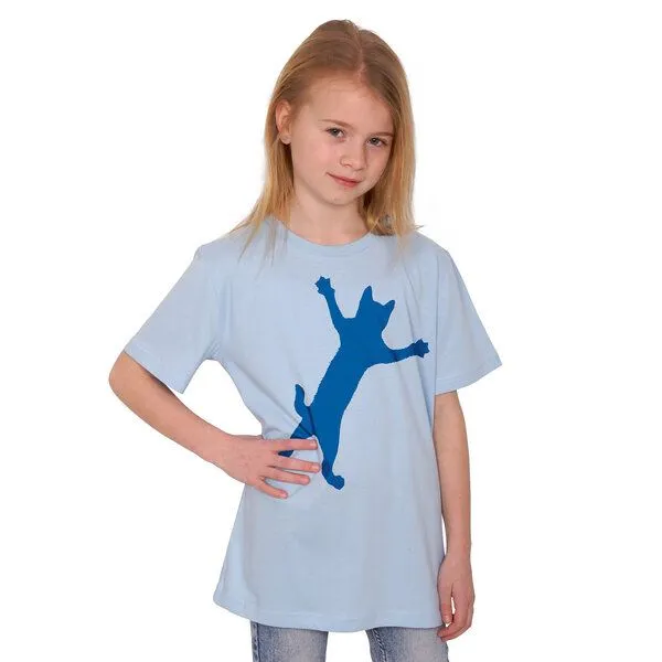 HANDGEDRUCKT HANDGEDRUCKT "Klammerkatze" Unisex Kinder T-Shirt, Light blue, – Produktbild 1 von 3