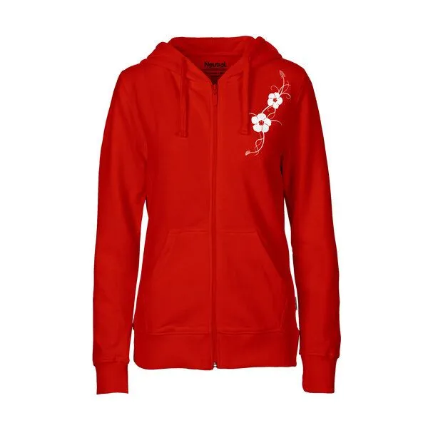 HANDGEDRUCKT HANDGEDRUCKT "Hibisken" Frauen Zip-HOODY aus reiner Biobaumwolle (kbA), Red, – Produktbild 1 von 3