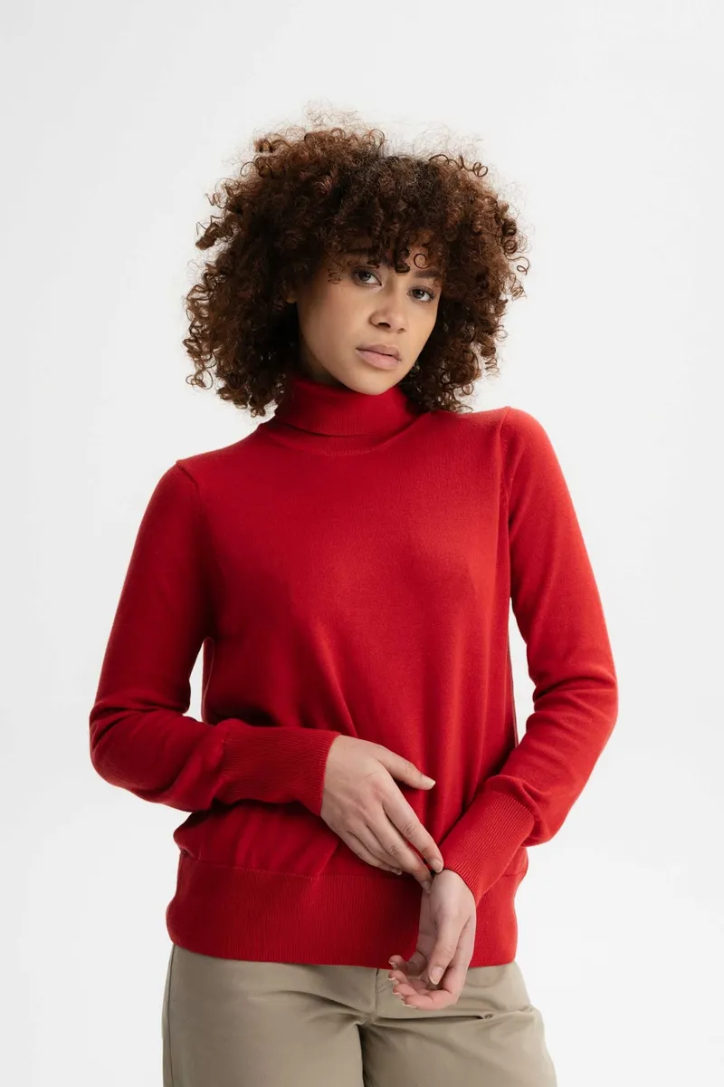 MELA MELA Damen vegan Feinstrickpullover Rollkragenpullover Mayura Granatapfelrot, Rot, – Produktbild 2 von 2
