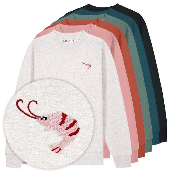LIGARTI Bestickter Pullover – Nele der Shrimp – LIGARTI Tiermanufaktur, Hellgrau, – Produktbild 1 von 3