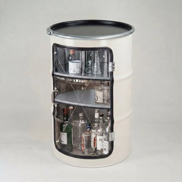 Lockengelöt Lockengelöt Hausbar Vitrine aus einem Hamburger Ölfass, Cremeweissschwarz (gepulvert), – Produktbild 1 von 5