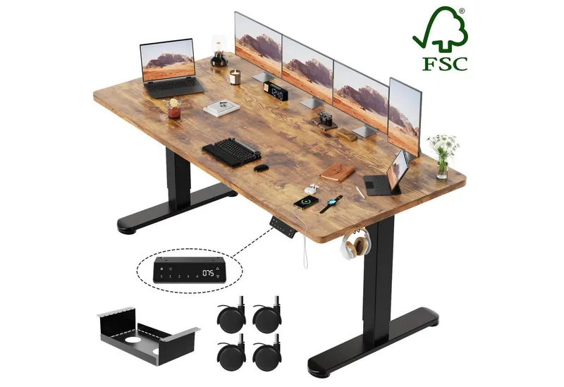 HOMALL Schreibtisch Höhenverstellbarer Elektrisch mit 25mm starker einteiliger Tischplatte (25 mm dicke, nahtlose, monolithische Tischplatten Keine gespleilten Platten Vielseitig und hochwertig Erinnerung bei langerem Stehen), Braun, – Produktbild 1 von 5