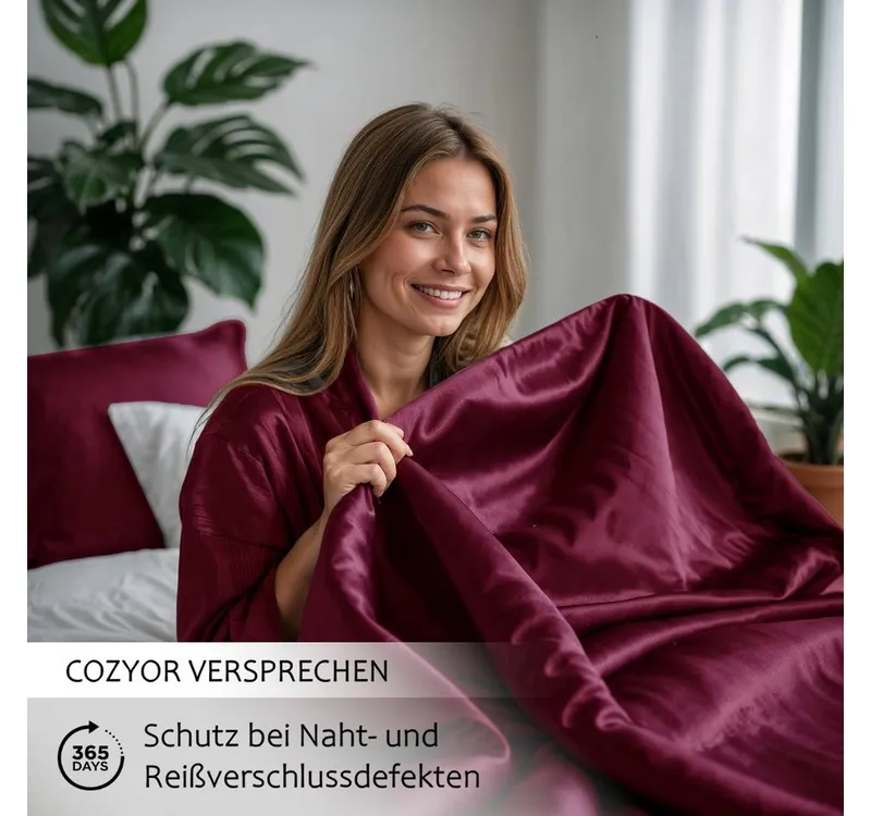 Cozyor Bettwäsche Satin glänzend 135x200, 155x200, 155x220, 200x200cm mit Reißverschluss, Satin, bordeaux Berry, 2 teilig, Edel und hochwertig, Rot, – Produktbild 2 von 5