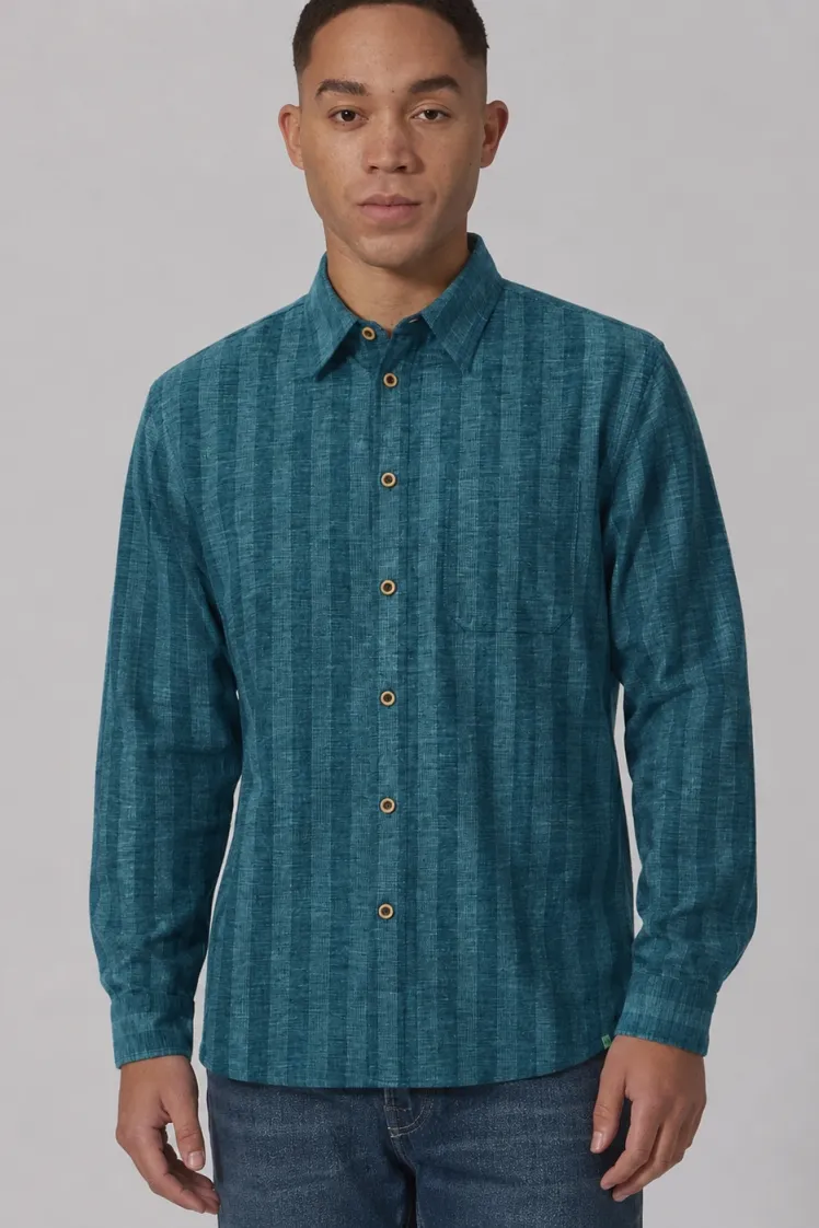 HempAge Hempage Herren vegan Gestreiftes Freizeithemd In Blaugrün, Blau, – Produktbild 2 von 2