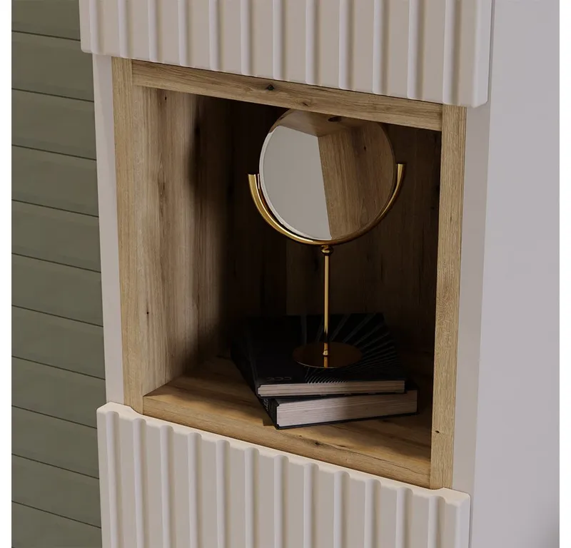 Lomadox Hochschrank NEWPORT-56-CASHMERE Badschrank in kaschmir mit Eiche, gerillte Front, ca. 30/140/25 cm, Beige|weiß, – Produktbild 2 von 4