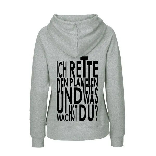 HANDGEDRUCKT HANDGEDRUCKT "Weltretten" Frauen Hoody aus reiner Biobaumwolle (kbA), Grey, – Produktbild 1 von 4