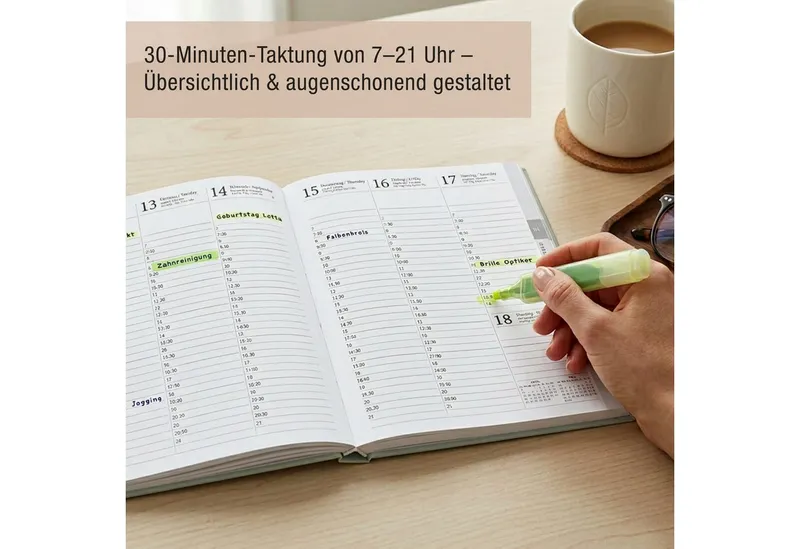 TOBJA Buchkalender Buchkalender 2027 Wochenplaner rosa Aquarell OptiPlaner Rosé FSC, Aquarell-Design altrosa, 30-Min-Taktung, 18,5x26 cm, FSC, 4-sprachig – Produktbild 3 von 4