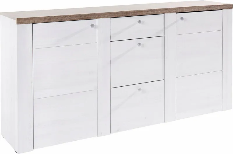 OTTO home Sideboard Larona, zeitlose Kommode mit 2 Türen, 3 Schubkästen, Türkommode, Höhe 84 cm, viel Stauraum, Anrichte mit dekorativer Rahmenoptik, Weiß, – Produktbild 1 von 5