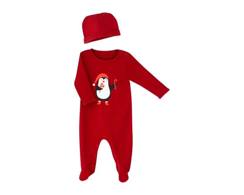 Poco Piano Body Baby Body Set 2-tlg Kleinkinder Pyjama (Bekleidungs-Set, 2-tlg., 2-teilig, bestehend aus Body + Mütze) festliches Design, ideal für Weihnachten, Rot, – Produktbild 1 von 1