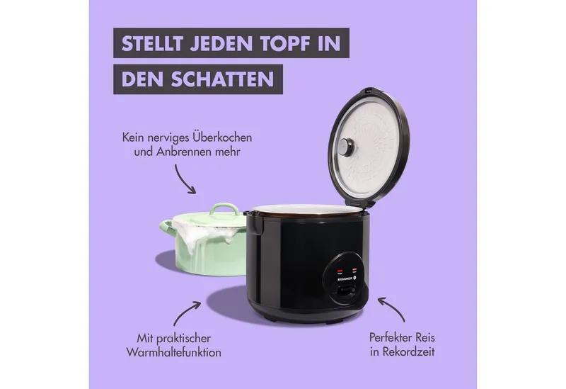 Reishunger Reishunger Reiskocher Groß – 1,8 L – mit Keramikbeschichtung – bis zu 10 Portionen, 700,00 W, Mit Dampfgarfunktion & Warmhaltefunktion, Schwarz, – Produktbild 5 von 5