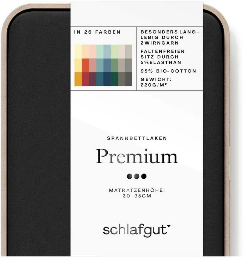 Schlafgut Schlafgut Spannbettlaken PREMIUM Mako-Zwirn-Jersey, 220 g/m², 95% Bio-Baumwolle, 5% Elasthan, Mako-Zwirn-Jersey, Gummizug: rundum, (1 Stück), Bettlaken bis 30 cm Höhe, PREMIUM-Qualität langlebig, perfekter Sitz, Schwarz, – Produktbild 3 von 5