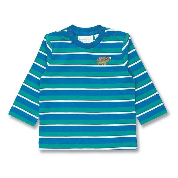 Sense Organics Sense Organics Baby Langarmshirt, Modell ELAN, Petrolgrün geringelt mit bär, – Produktbild 1 von 3