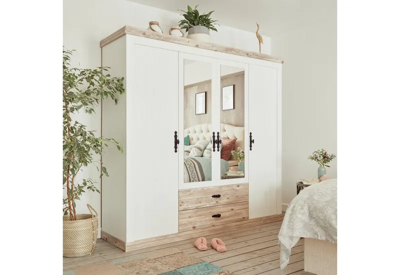 Home affaire Drehtürenschrank Florenz Landhausschrank,rustikale Metallgriffe mit feinen Verzierungen Kleiderschrank mit Spiegel Schlafzimmerschrank BESTSELLER Garderobe, Weiß, – Produktbild 2 von 8