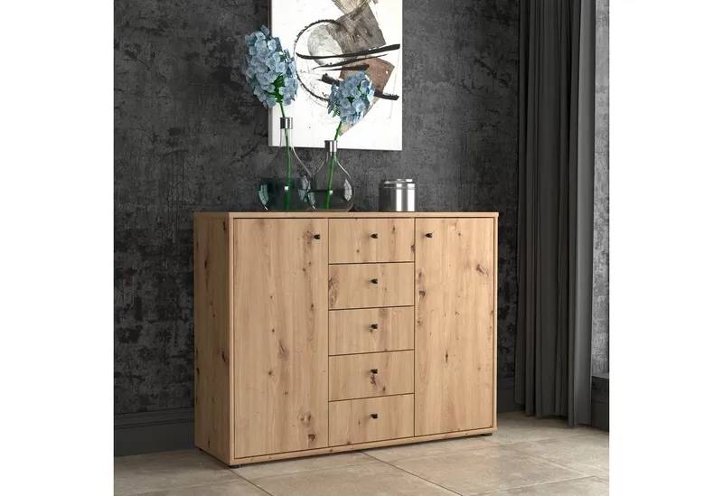FORTE Kommode Tempra, Kommode, 2 Türen, 5 Schubkästen, viel Stauraum, Breite 108,8 cm, Beige, – Produktbild 6 von 8