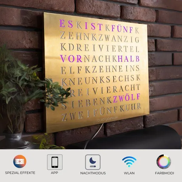 build-yours build-yours WordClock Jupiter Edelstahl in Gold LED Wanduhr – Produktbild 1 von 4