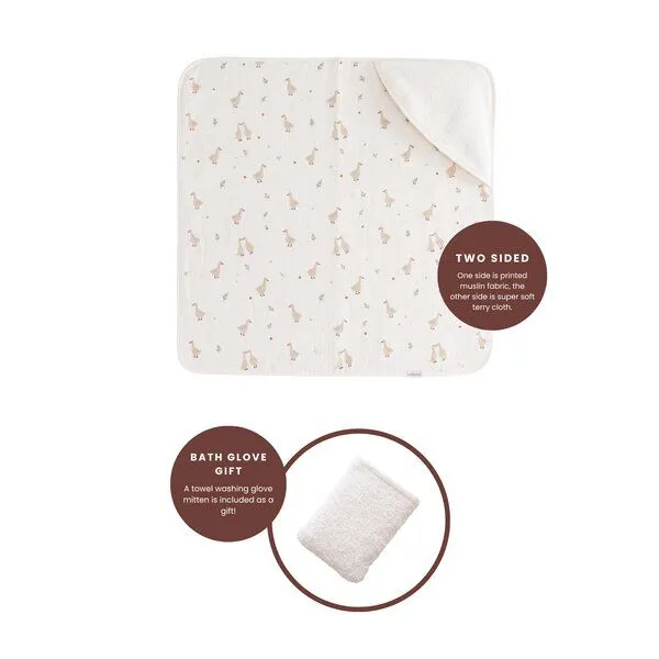 Bebekevi Bebekevi Baby Kapuzenbadetuch 75 × 75 cm aus Musselin & Frottee | Weiche Musselin-Innenseite | inkl. Waschhandschuh | Gemustert, Naturweiß ente, – Produktbild 3 von 4