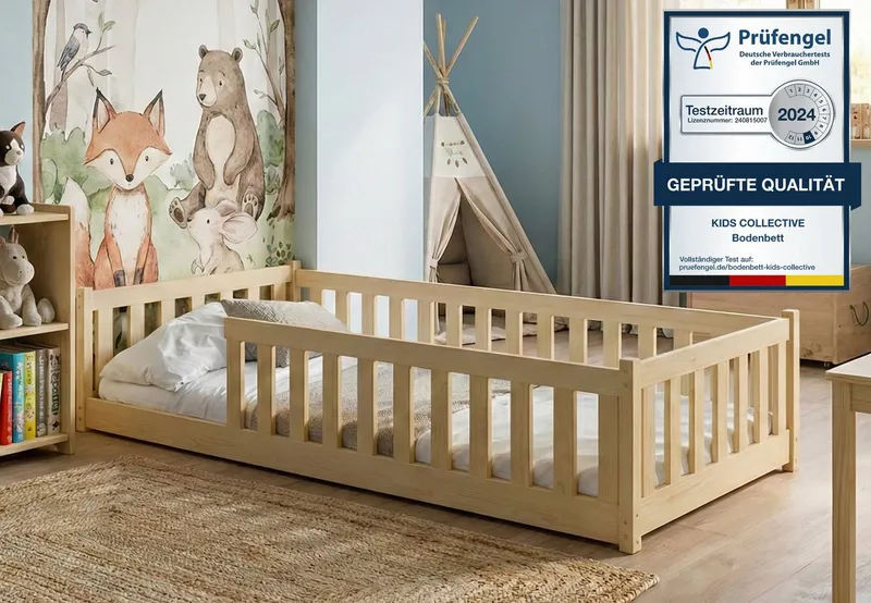 Kids Collective Kinderbett Bodenbett Bett mit Rausfallschutz & Lattenrost Montessori Bett Kinder (Jungen, Mädchen, Kinder, weitere Größen 80x160, 80x180, 90x190, 120x200, 140x200 cm), Jugendbett Gitterbett Einzelbett, natur Kiefer 90x200 cm, Beige, – Produktbild 2 von 5