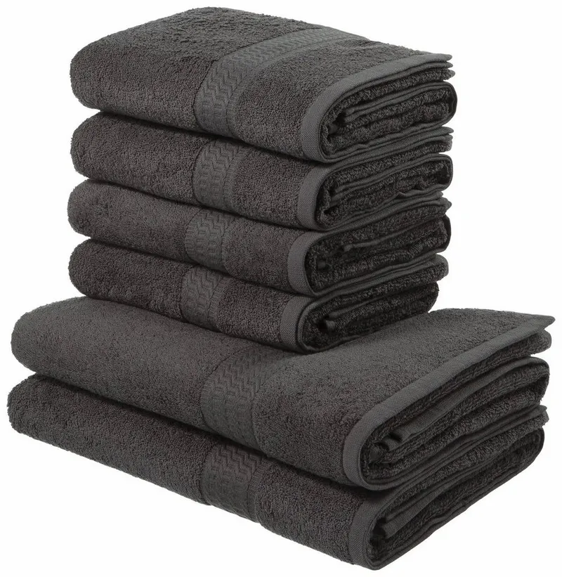 OTTO home Handtuch Set Juna, 6-tlg., 2 Duschtücher (70x140) 4 Handtücher (50x100), Walkfrottee (6-St), 100% Baumwolle, Handtuch-Set mit Bordüre, Uni-Farben, weich, Grau, – Produktbild 6 von 8