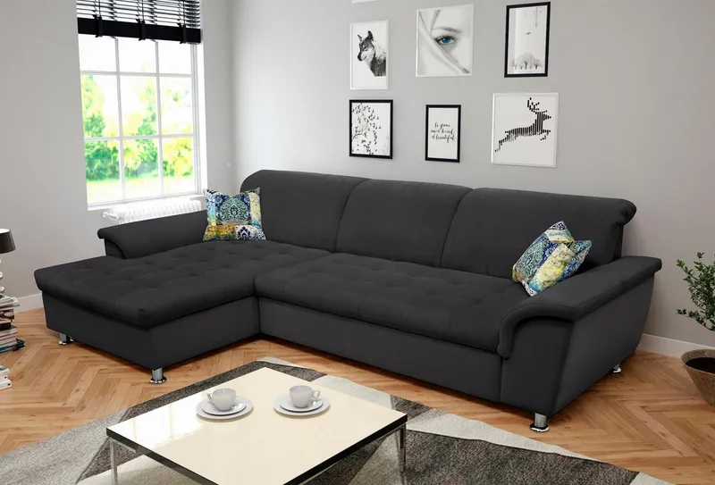 DOMO collection Ecksofa FRANZI 278x170x81 cm, Steppung im Sitzbereich, L-Form, mit Kopfteilverstellung, Flachgewebe, Grau, – Produktbild 2 von 5