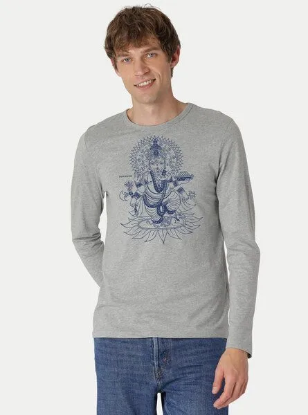 Peaces.bio - handbedruckte Biomode Peaces.bio - handbedruckte Biomode Bio-Herren-Langarmshirt Ganesha, Hellgrau, – Produktbild 2 von 3