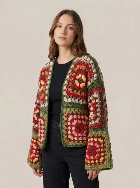 KnitToChange KnitToChange Gehäkelte Granny-Square-Strickjacke in warmen Herbsttönen – Produktbild 2 von 4