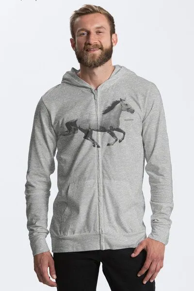Peaces.bio - handbedruckte Biomode Peaces.bio - handbedruckte Biomode Herren Bio-Jersey-Zip-Hoodie Horsepower, Hellgrau, – Produktbild 1 von 1